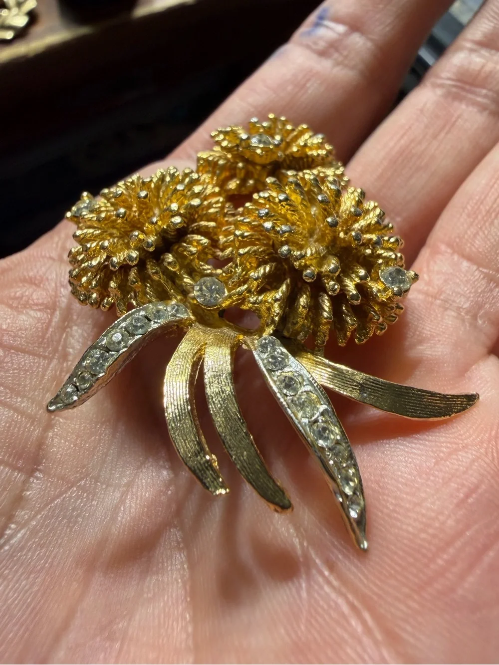 Gold Floral Cluster Brooch with Clear Crystal Accents